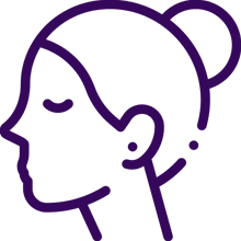 A purple line drawing of a person 's head.